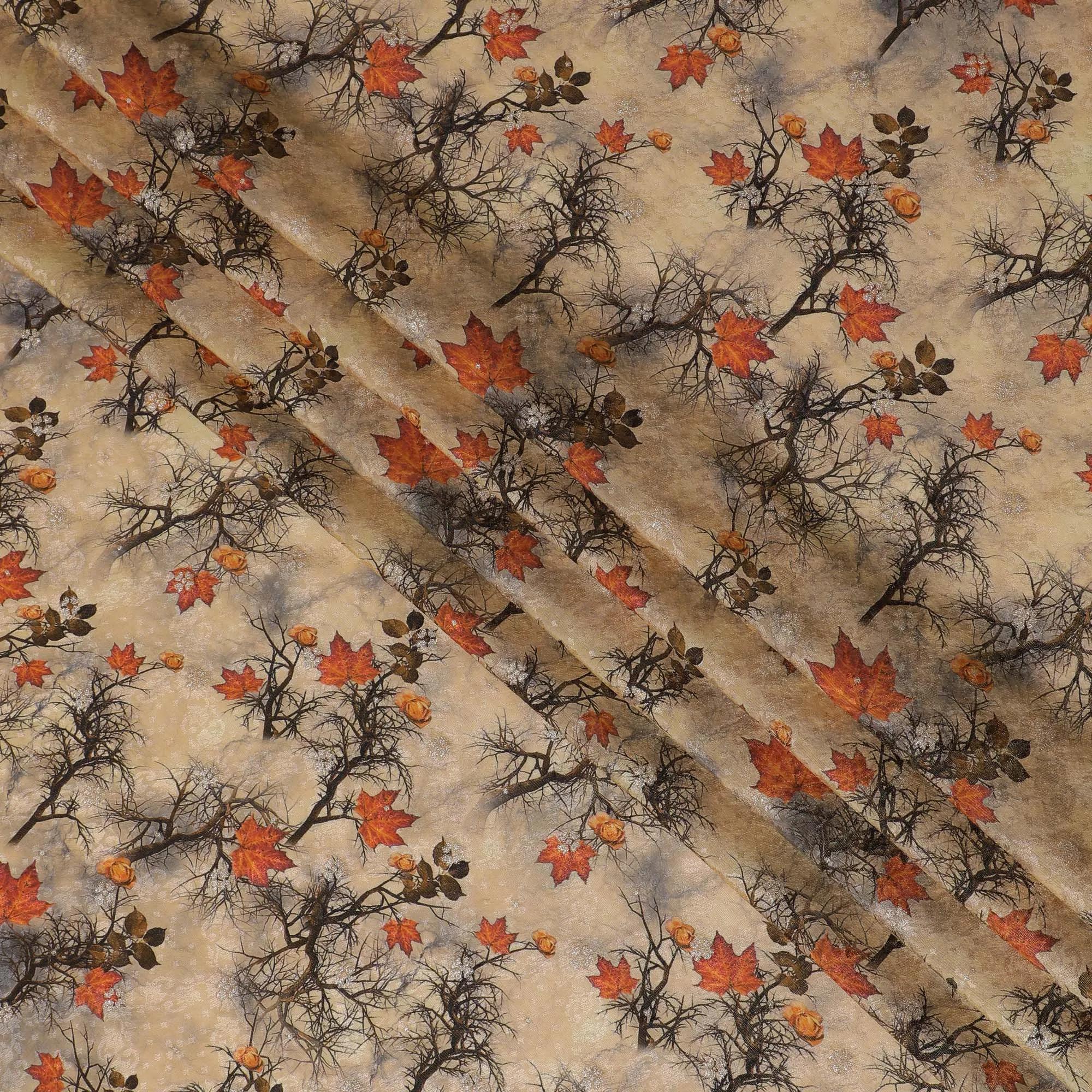 Rustic Autumn Viscose Fabric with Digital Print of Oak Leaves and Acorns, 110 cm Wide-D19204