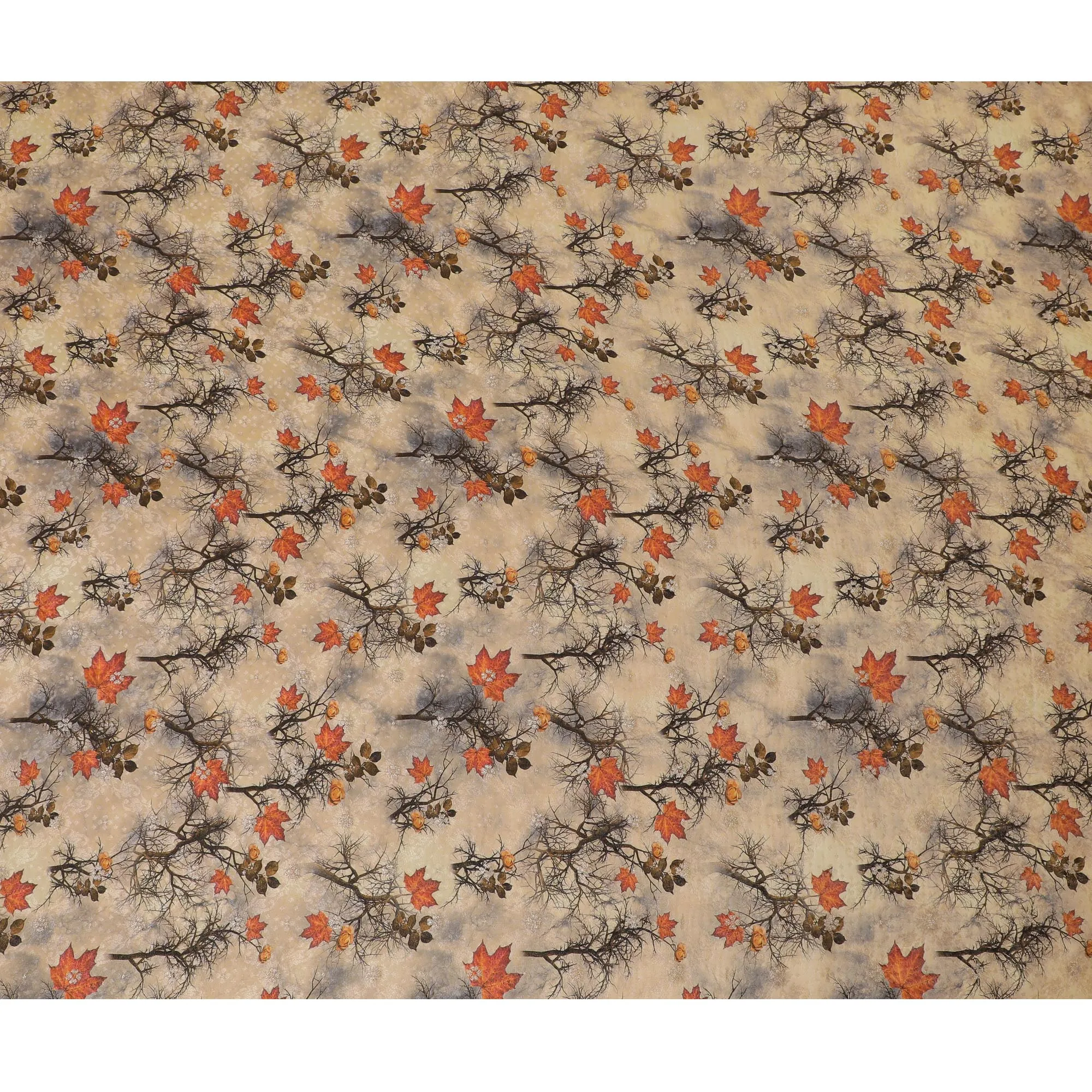 Rustic Autumn Viscose Fabric with Digital Print of Oak Leaves and Acorns, 110 cm Wide-D19204