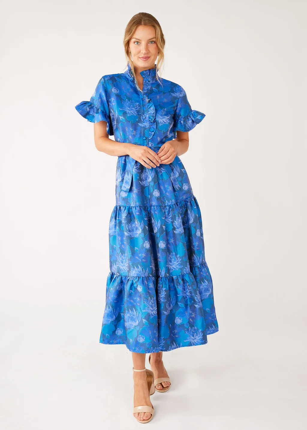 Sadie Maxi Dress Blue Floral Silhouette Jacquard