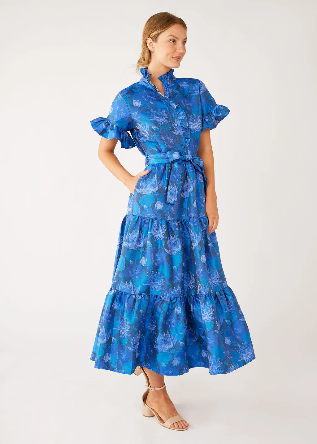 Sadie Maxi Dress Blue Floral Silhouette Jacquard