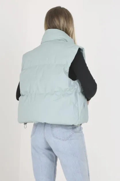 SAGE MATTE FAUX LEATHER HIGH NECK PUFFER GILET