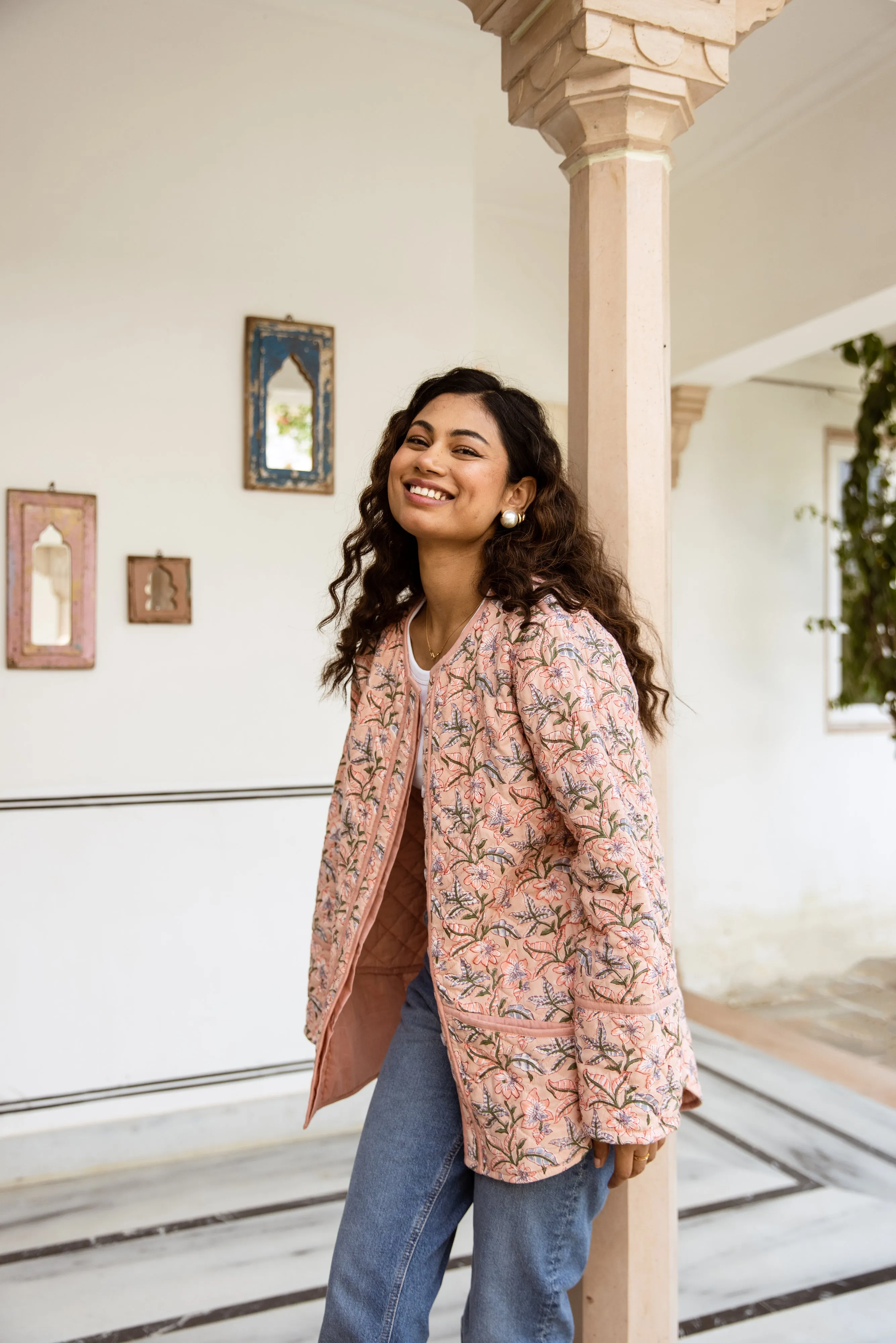 SALE Block Print Quilted Jacket - Soft Coral