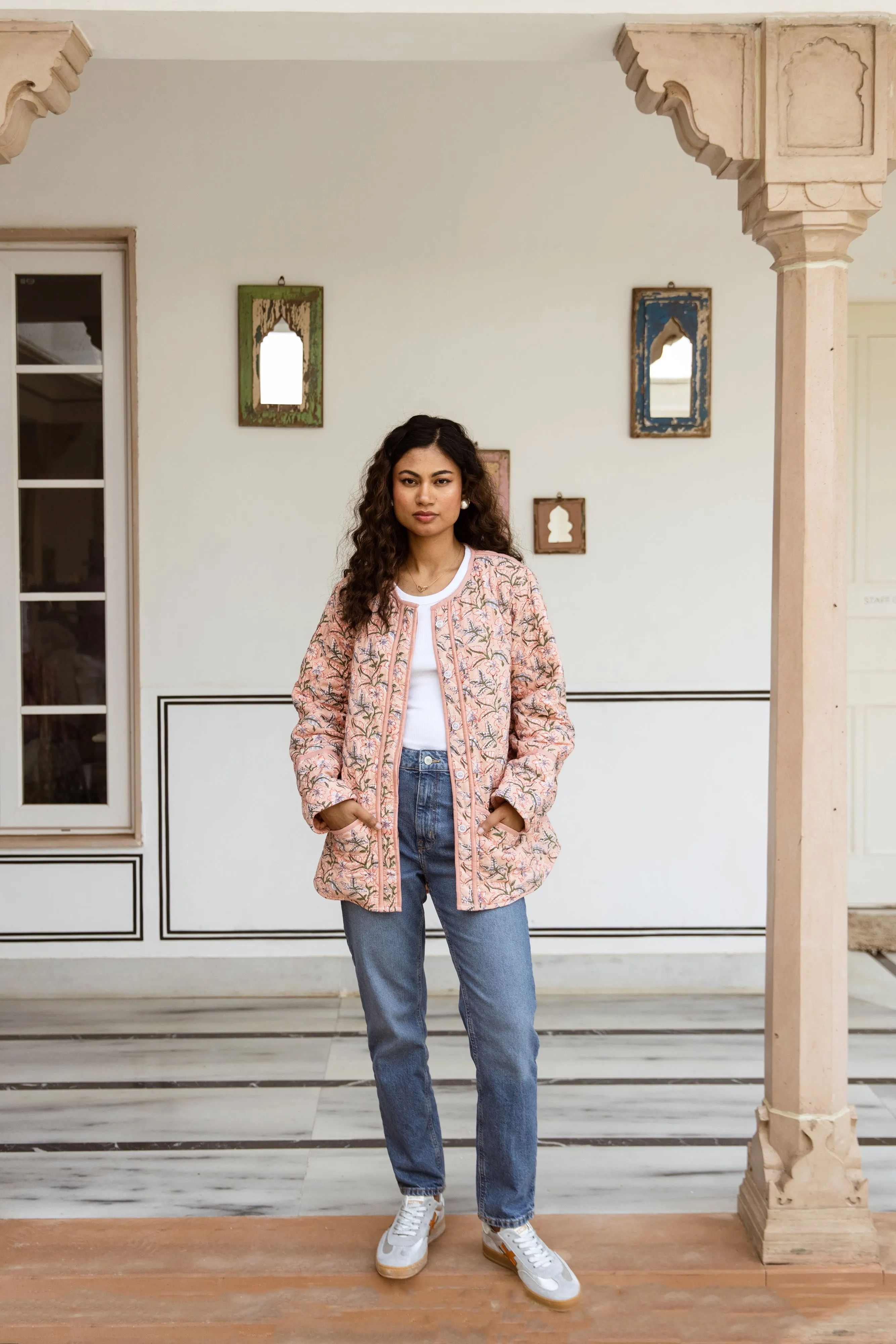 SALE Block Print Quilted Jacket - Soft Coral