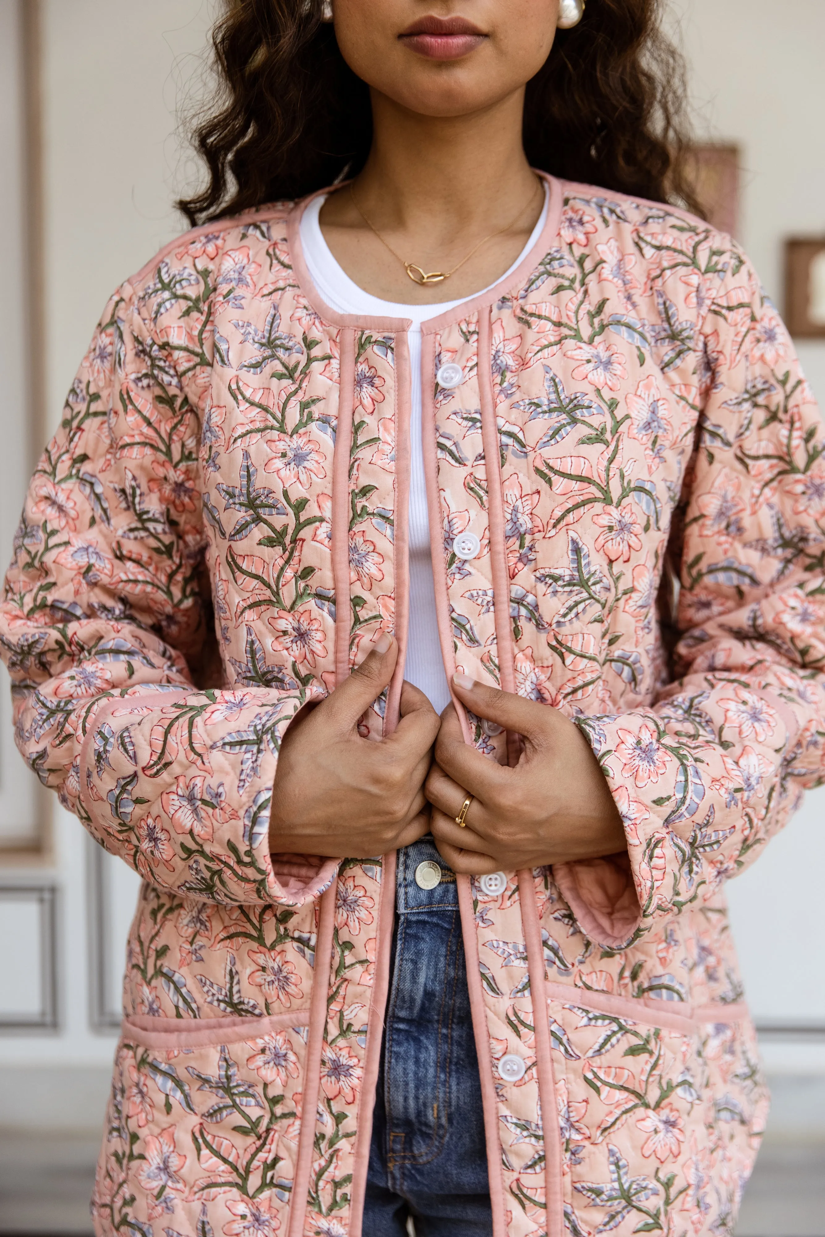 SALE Block Print Quilted Jacket - Soft Coral