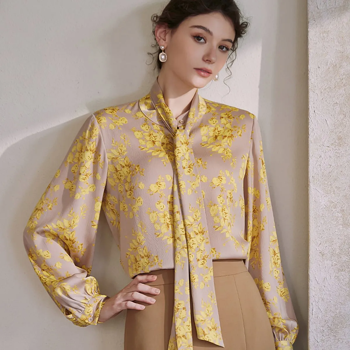 Scarf Collar Apricot Blouse in Floral Print