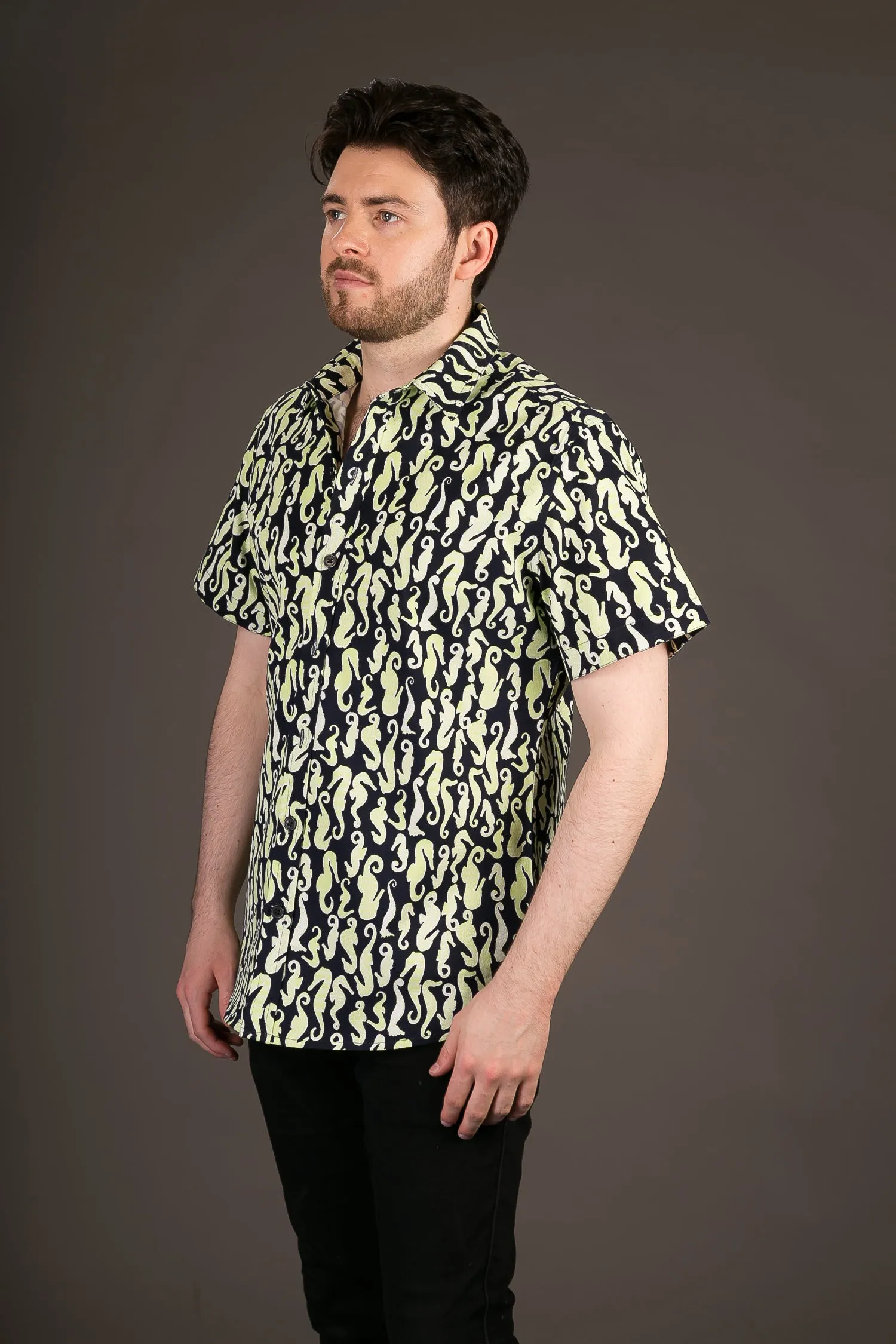 Seahorse Black Green Print Cotton Slim Fit Mens Shirt Short Sleeve