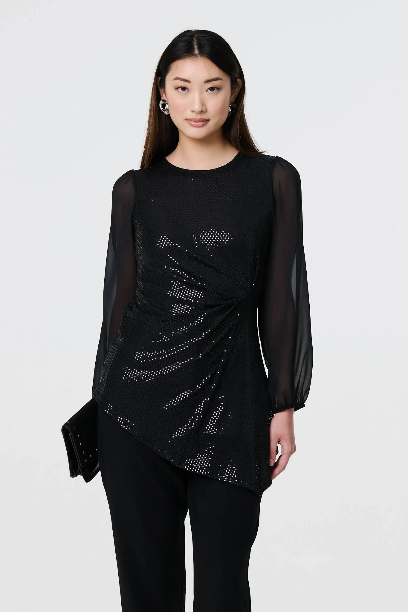 Semi Sheer Sparkly Long Sleeve Blouse