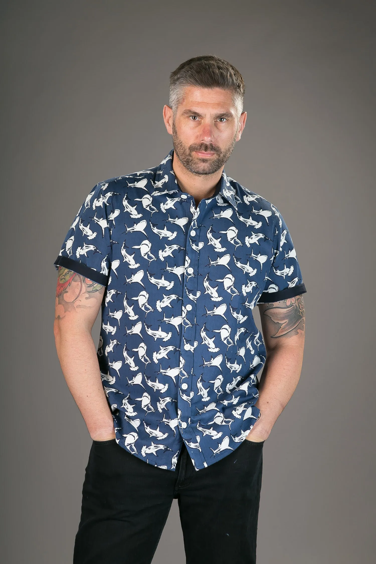 Sharks Grey Cotton Twill Slim Fit Mens Shirt Short Sleeve