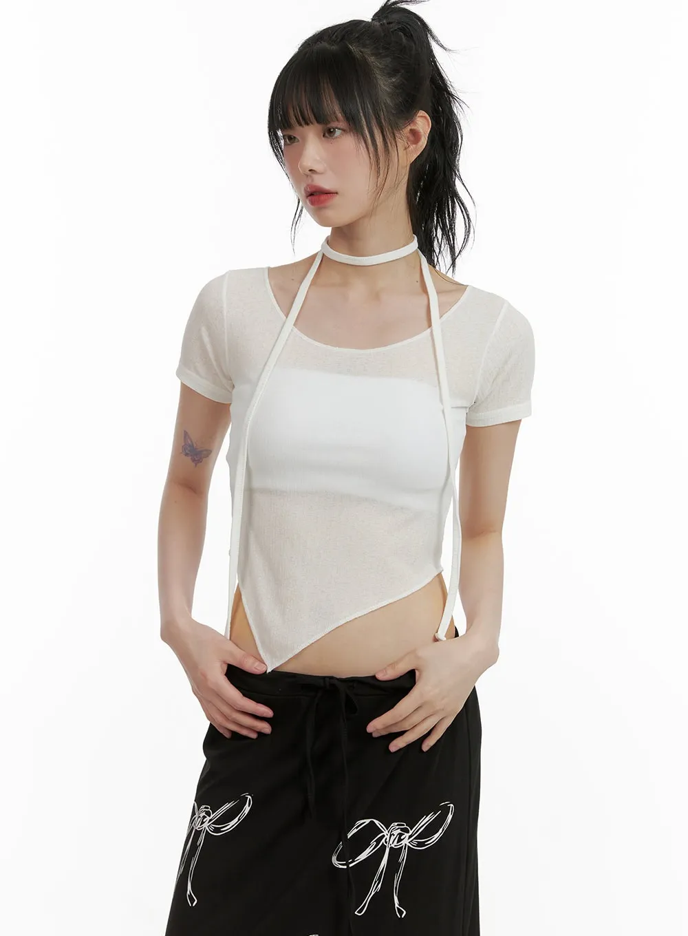 Sheer Chic Crop Top with Thin Scarf CU410