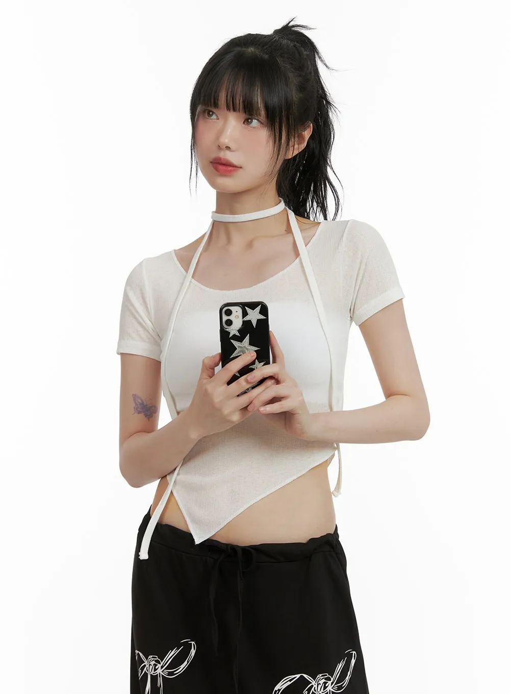 Sheer Chic Crop Top with Thin Scarf CU410