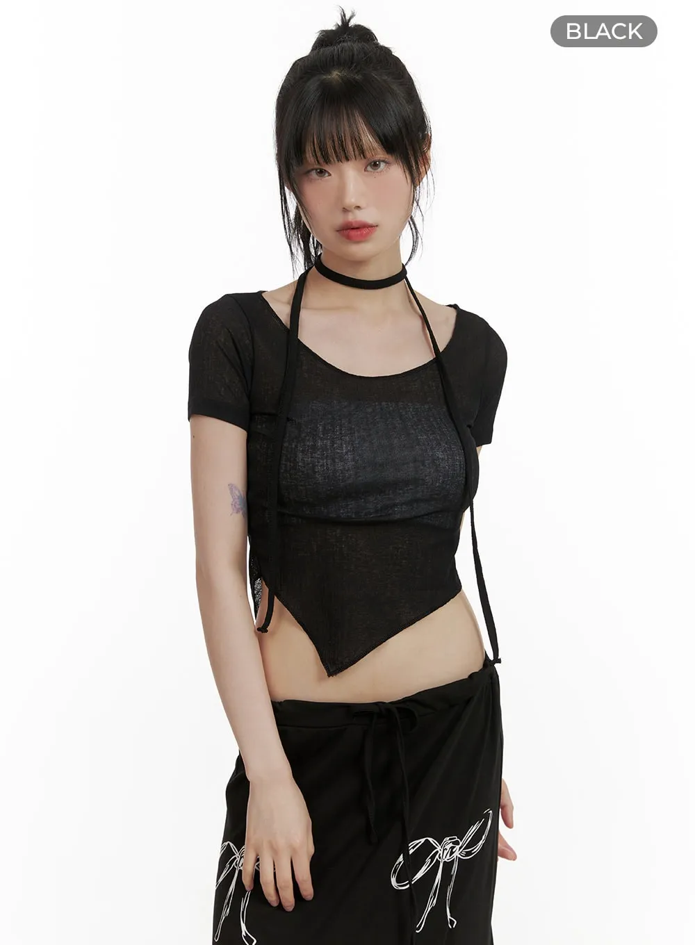 Sheer Chic Crop Top with Thin Scarf CU410