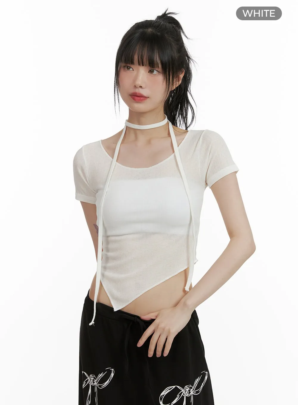 Sheer Chic Crop Top with Thin Scarf CU410