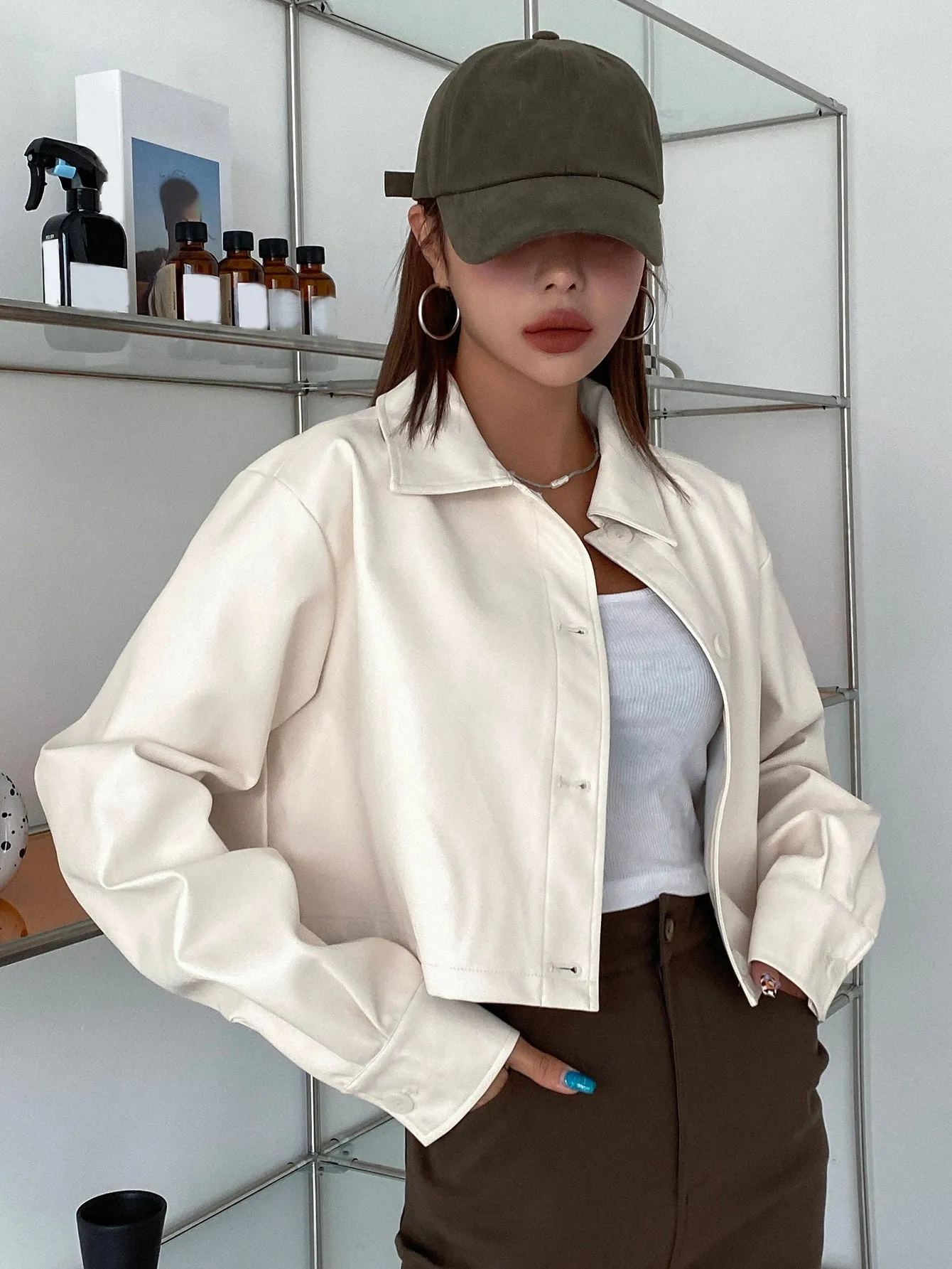 SHEIN DAZY Kpop Button Front PU Crop Jacket