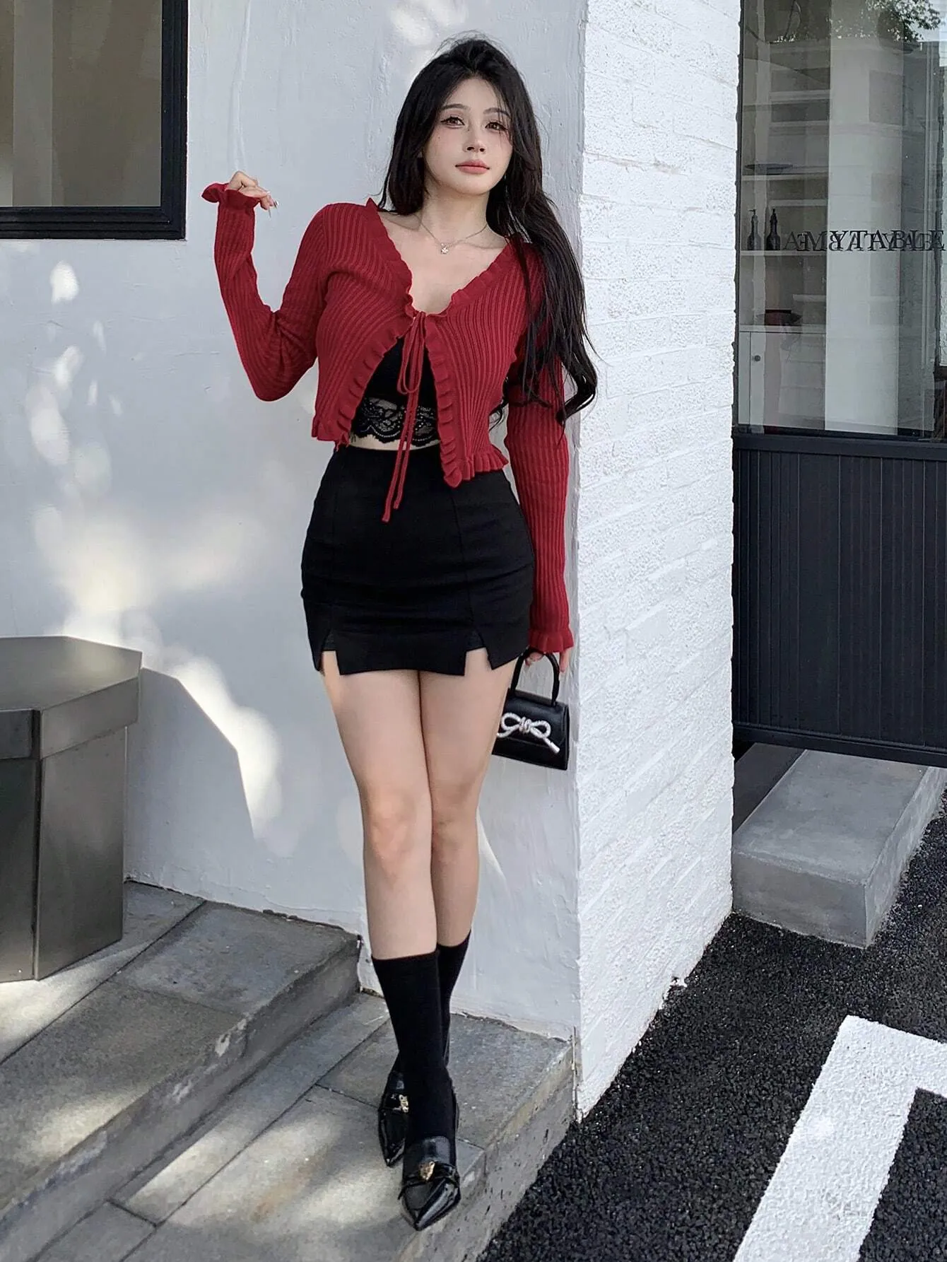 SHEIN DAZY Women Spring And Autumn Solid Color Long Sleeve Front Tie Short Ruffle Cardigan