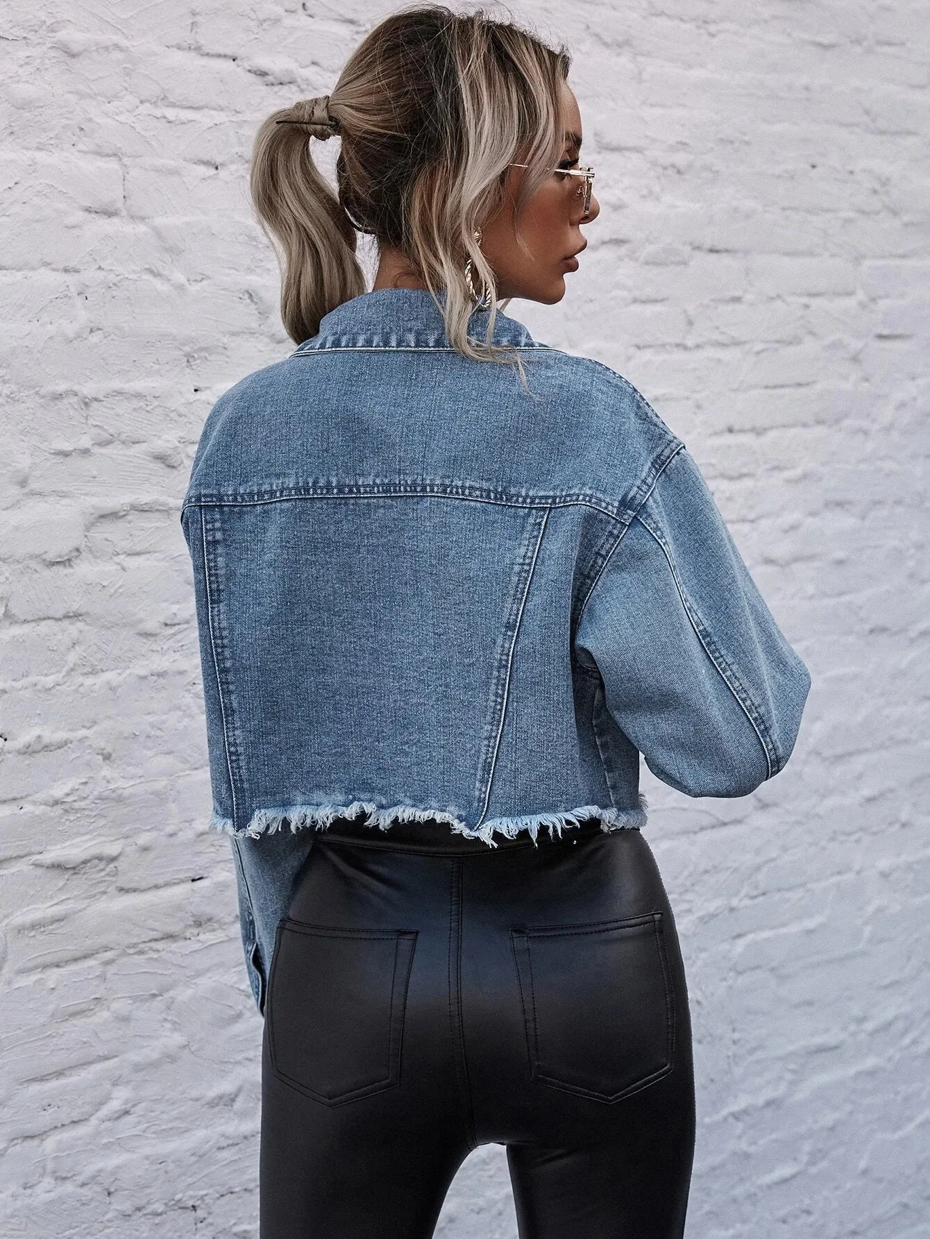 Shein Decorative Pocket Drop Shoulder Raw Hem Denim Jacket