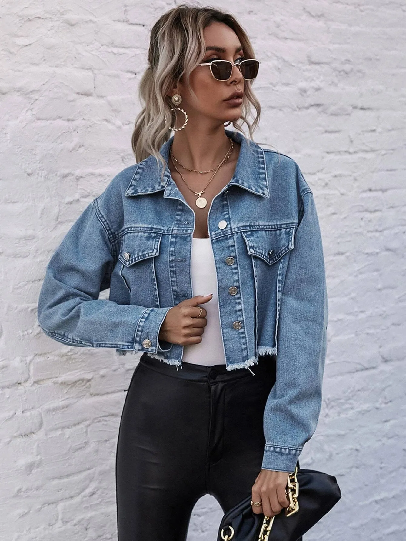 Shein Decorative Pocket Drop Shoulder Raw Hem Denim Jacket