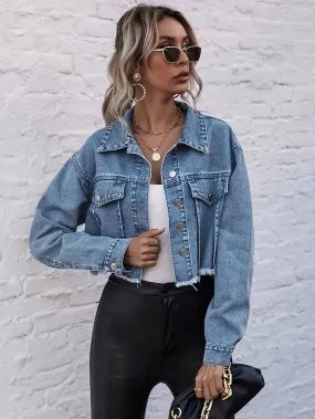 Shein Decorative Pocket Drop Shoulder Raw Hem Denim Jacket