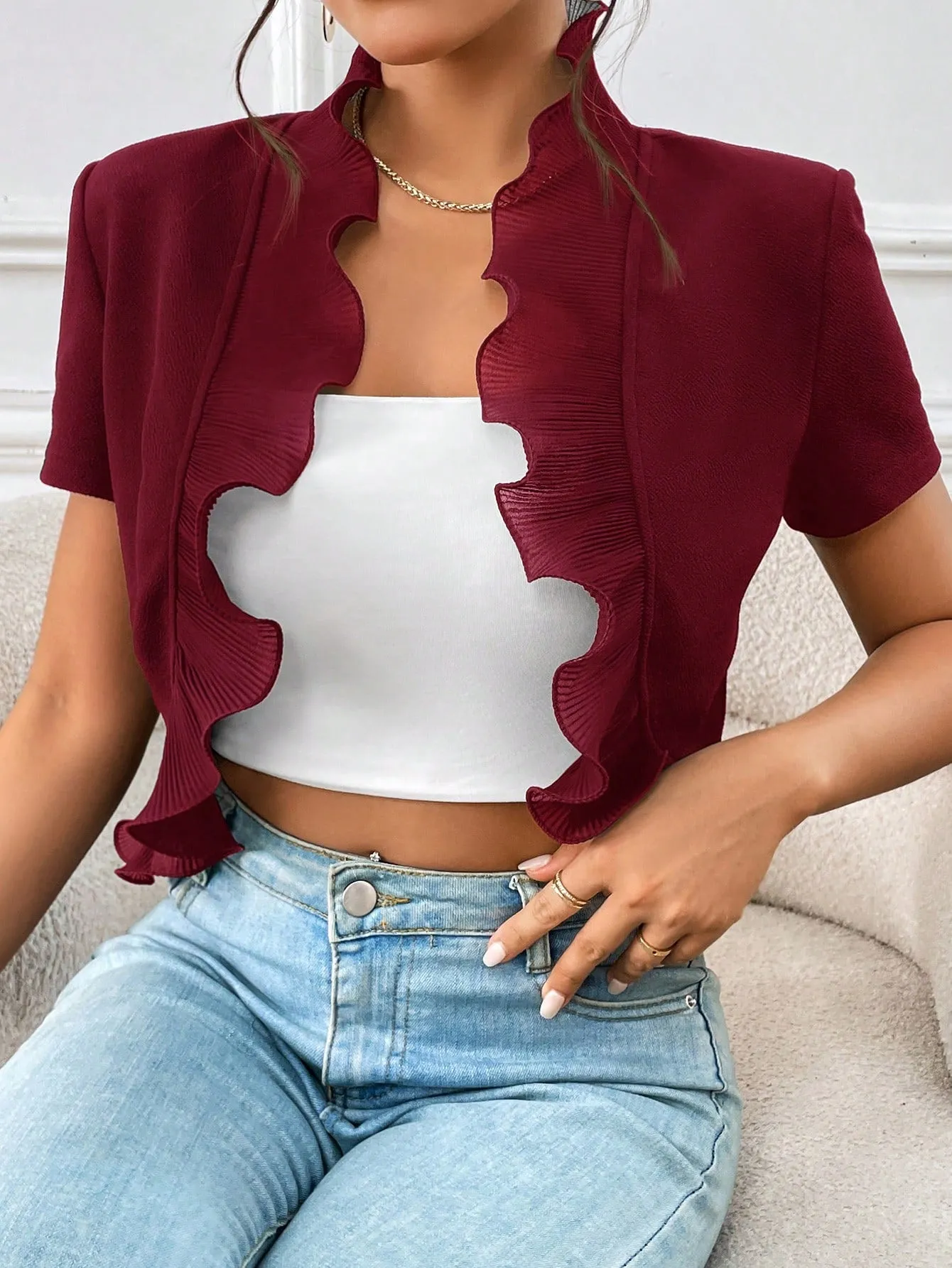 SHEIN Privé Ruffle Trim Open Front Crop Jacket