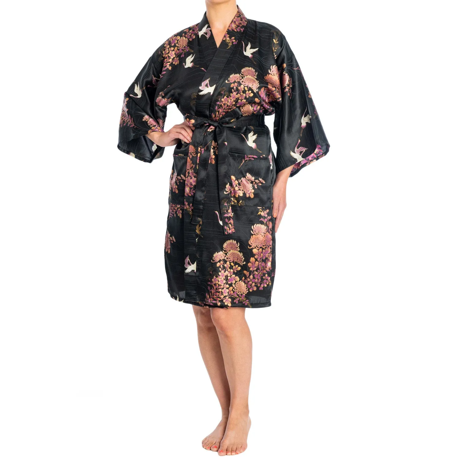 Silk Crane and Chrysanthemum Short Black Yukata