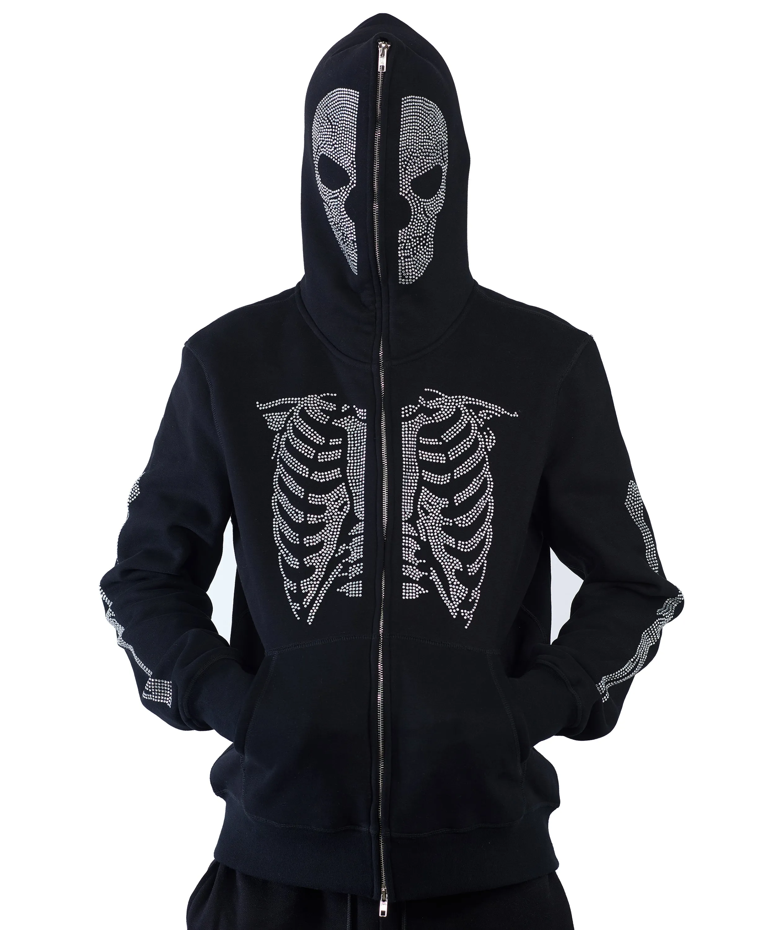 Skeleton Rhinestone Full Zip Hoodie - Black