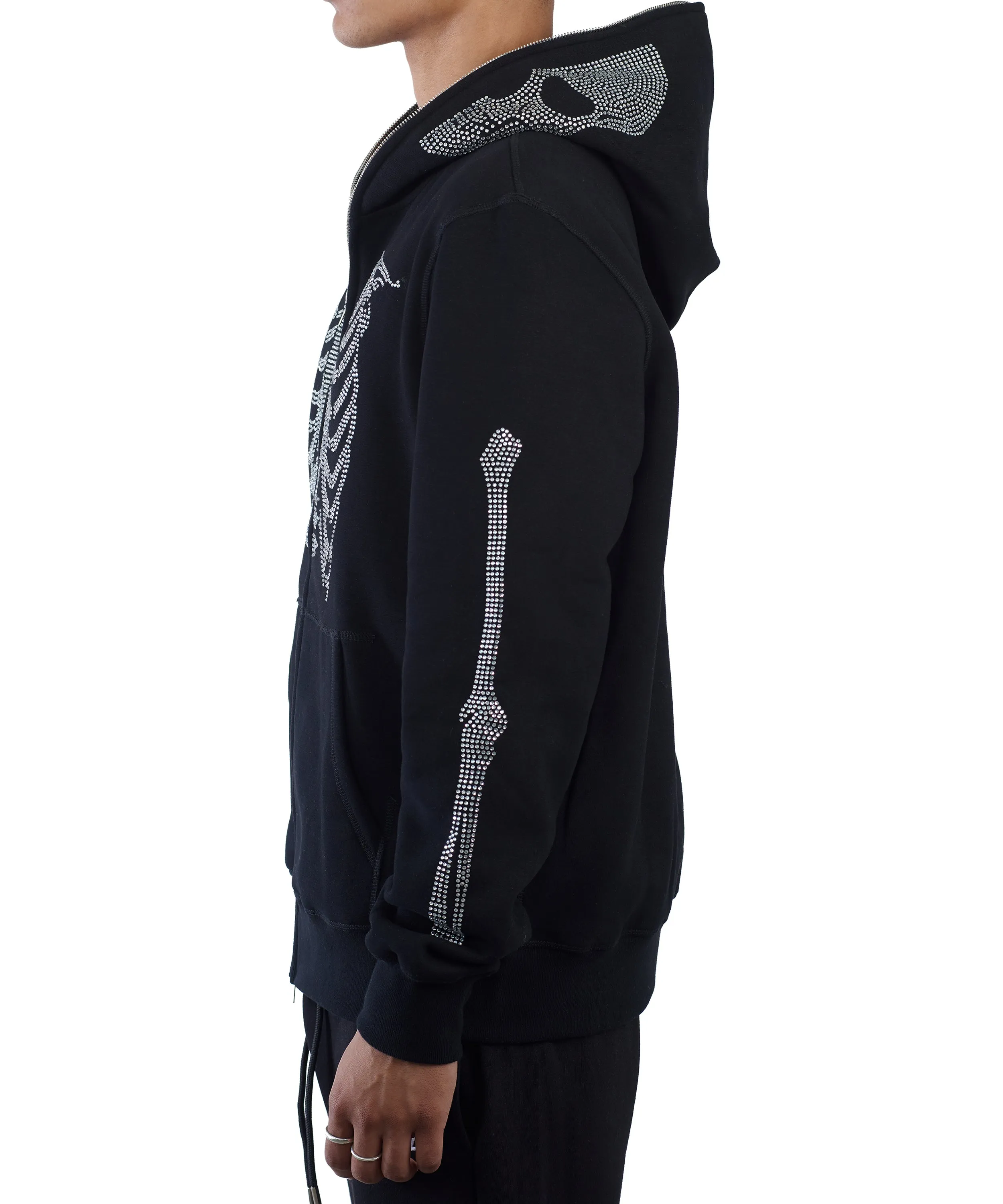 Skeleton Rhinestone Full Zip Hoodie - Black