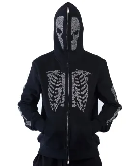 Skeleton Rhinestone Full Zip Hoodie - Black