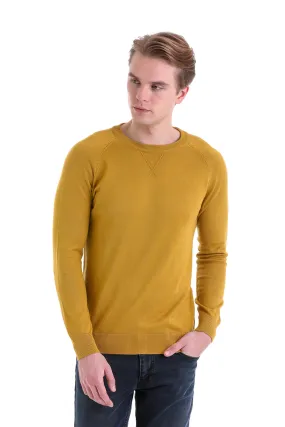 Slim Fit Mustard Cotton Blend Crew Neck Sweater