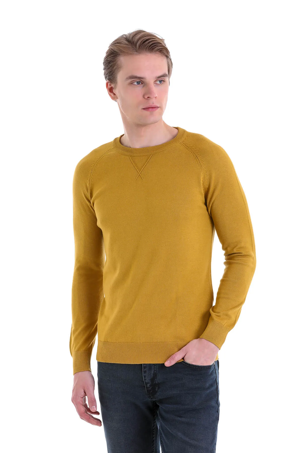 Slim Fit Mustard Cotton Blend Crew Neck Sweater