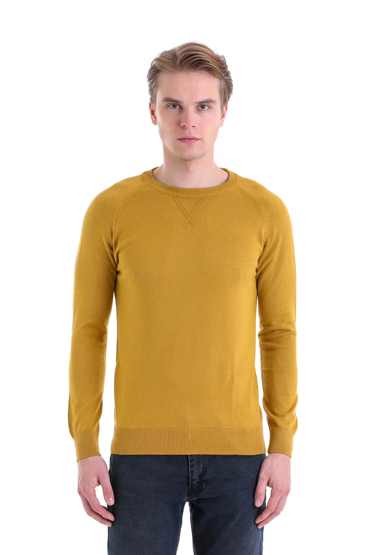 Slim Fit Mustard Cotton Blend Crew Neck Sweater