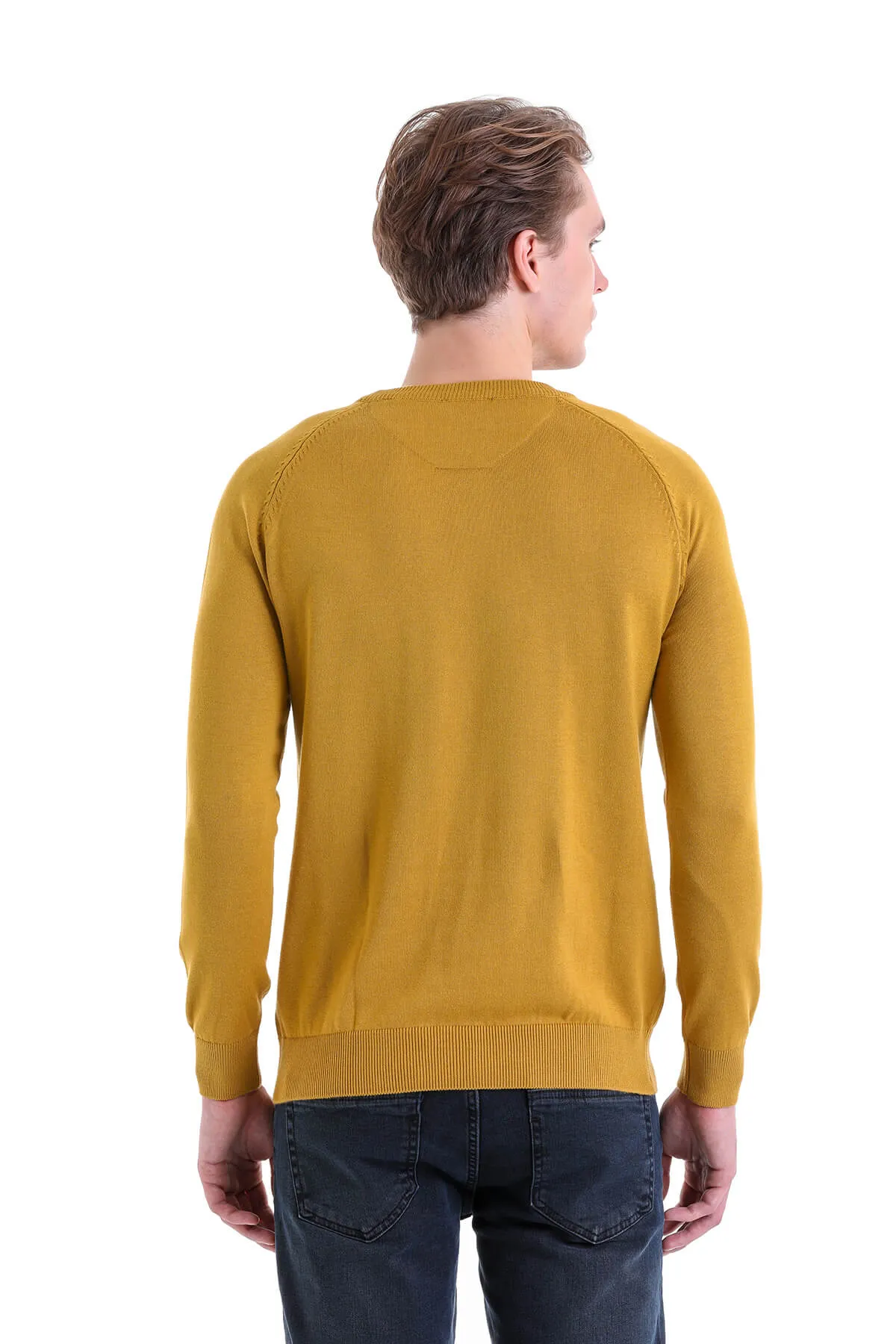 Slim Fit Mustard Cotton Blend Crew Neck Sweater