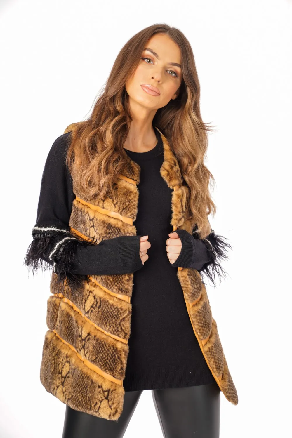 Snake Print Chevron Soft Faux Fur Leather Panel Gilet