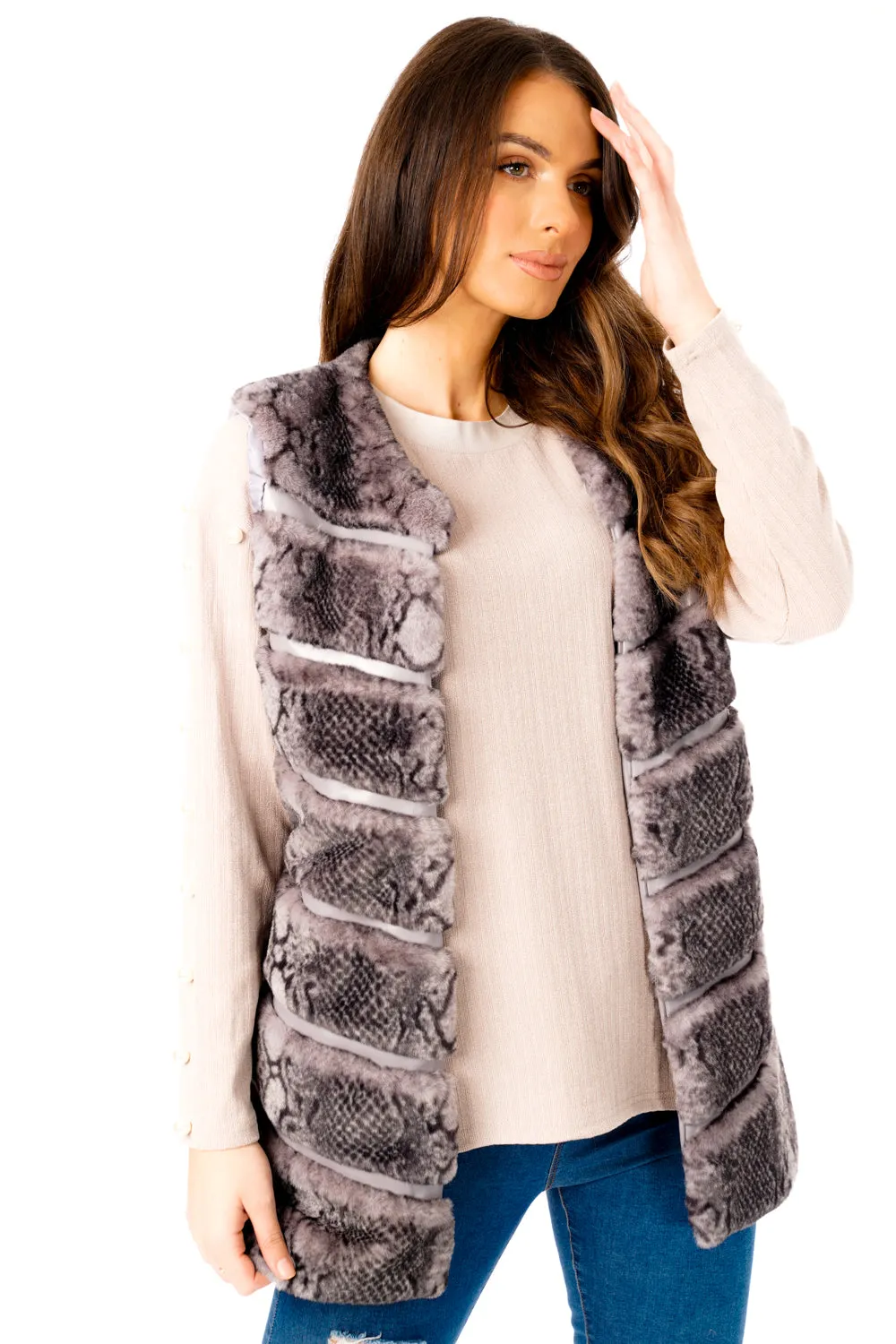 Snake Print Chevron Soft Faux Fur Leather Panel Gilet