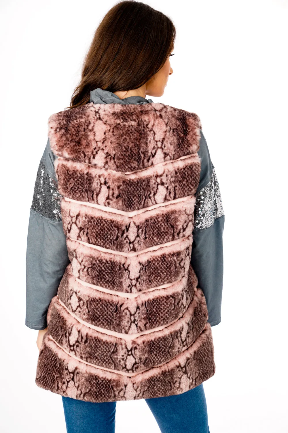 Snake Print Chevron Soft Faux Fur Leather Panel Gilet