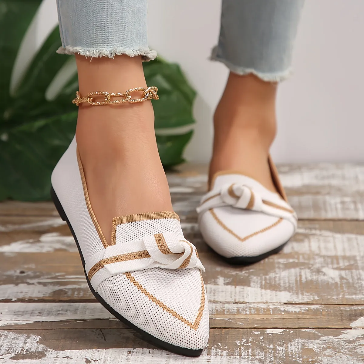 Soft & Breathable Womens Knitted Flats - Slip-On, Pointed Toe, Lightweight, Strappy Back, Rubber Sole, Faux Leather Insole, Preppy Style - Perfect for All-Season Wear