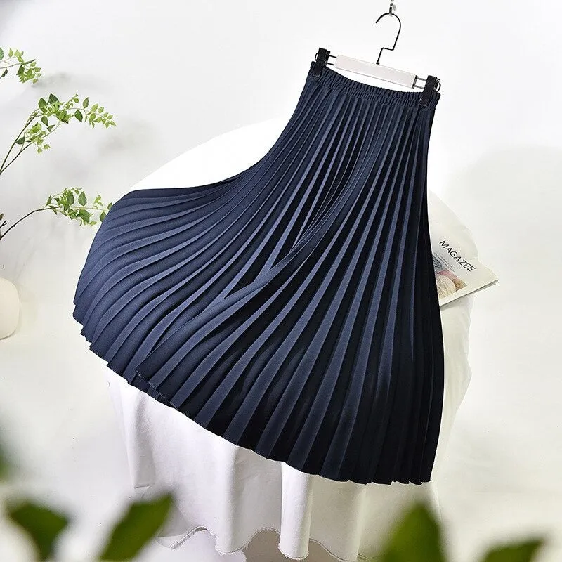 Solid Color Elastic High Waist Pleated A-Line Maxi Skirts