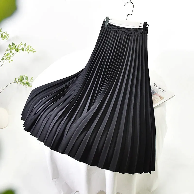 Solid Color Elastic High Waist Pleated A-Line Maxi Skirts