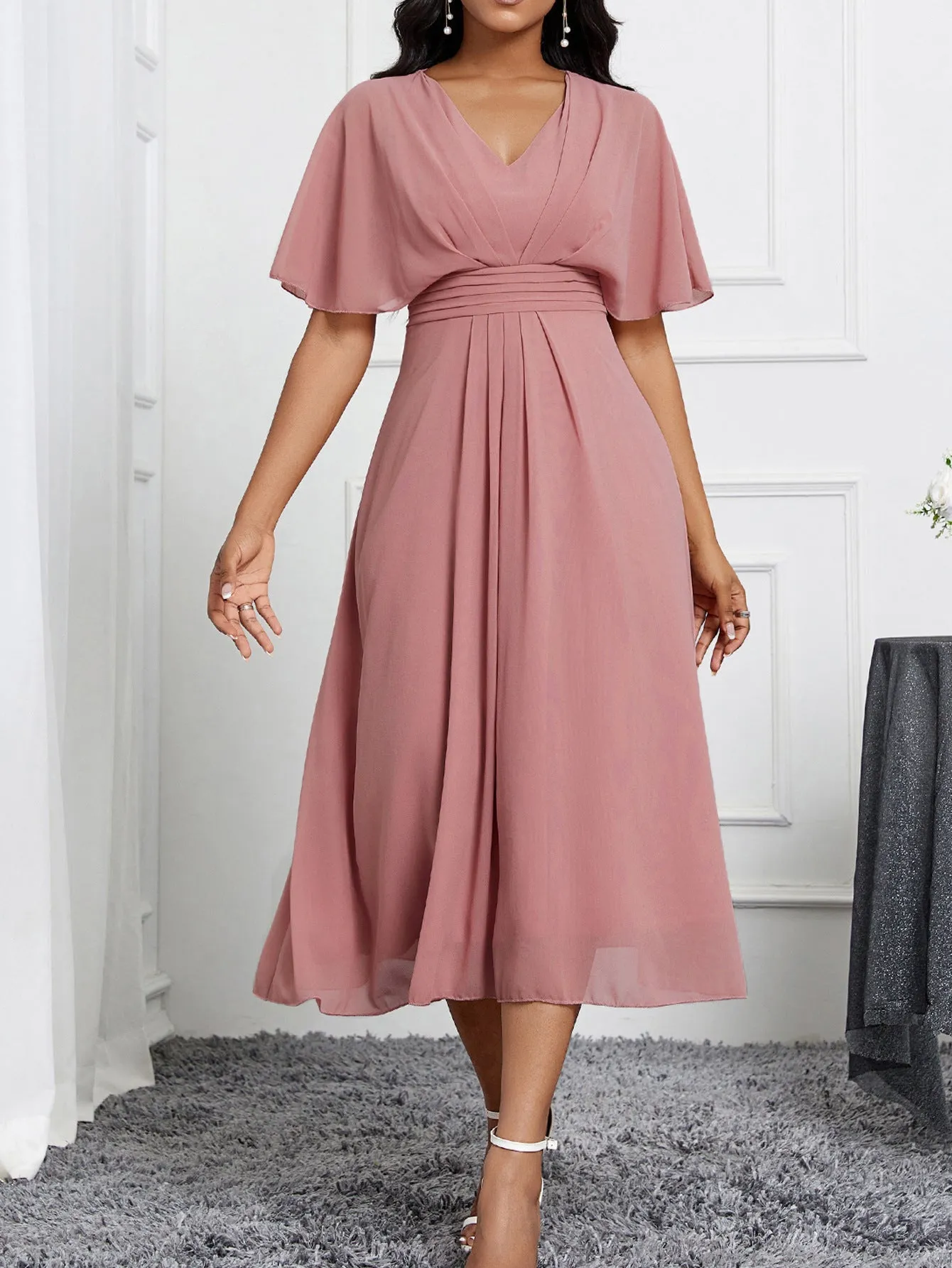 Solid Color V neck Short Sleeve Elegant Slim Chiffon Ladies Dress