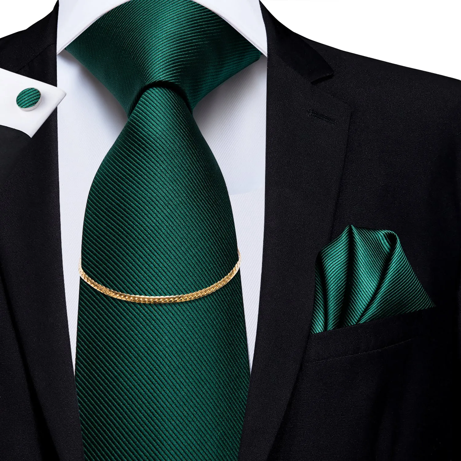 Solid Green Tie Handkerchief Cufflinks Set With Golden Chain