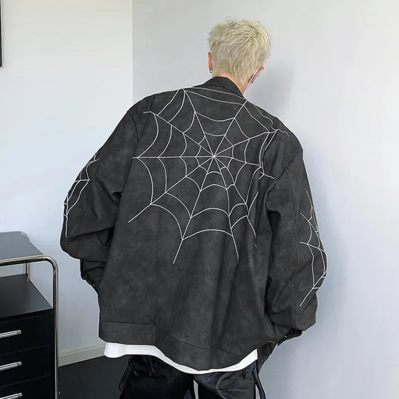 Spiderweb Embroidery Sleeve PU Leather Jacket