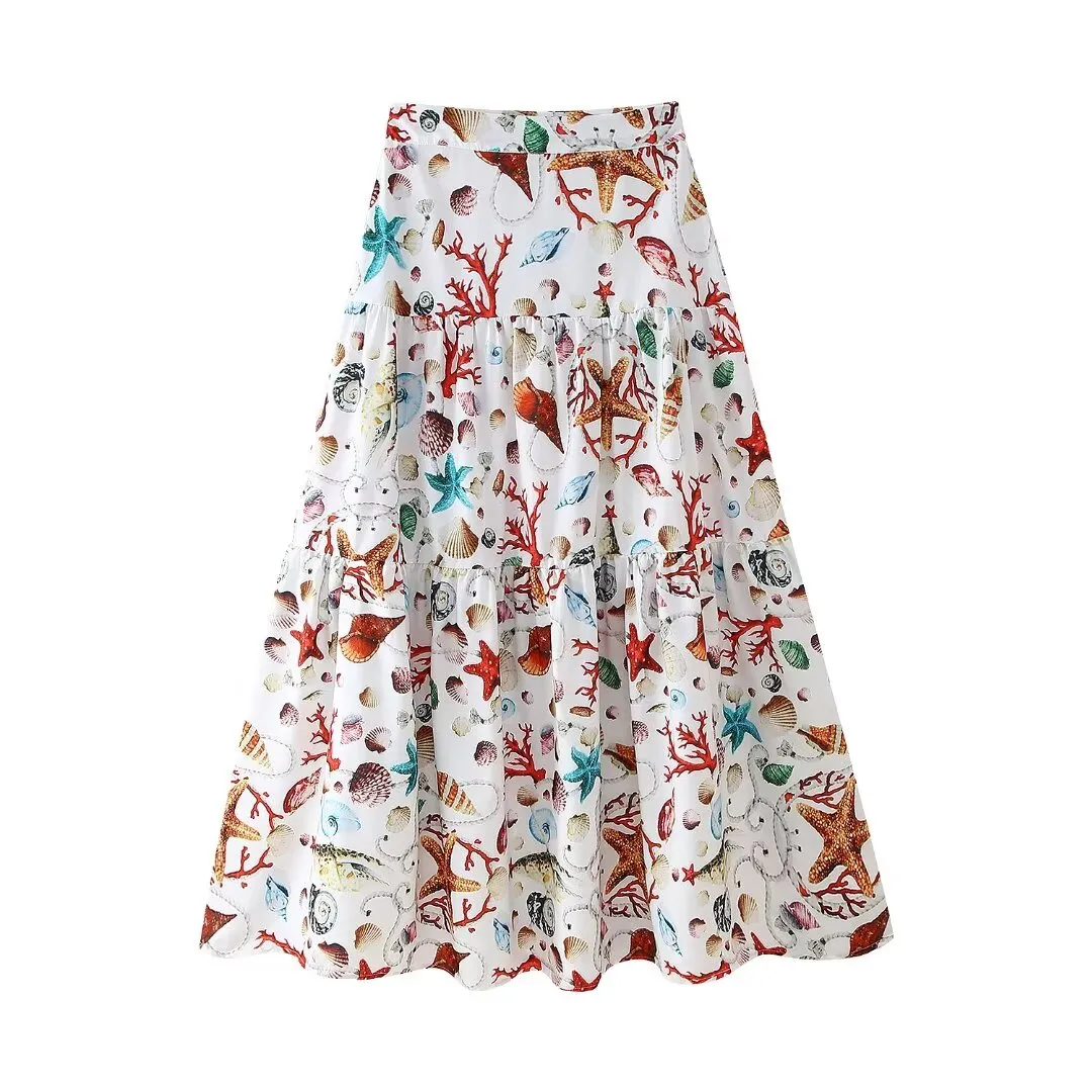 Spring Summer Women Clothing Elegant Printed Sling Skirt Set