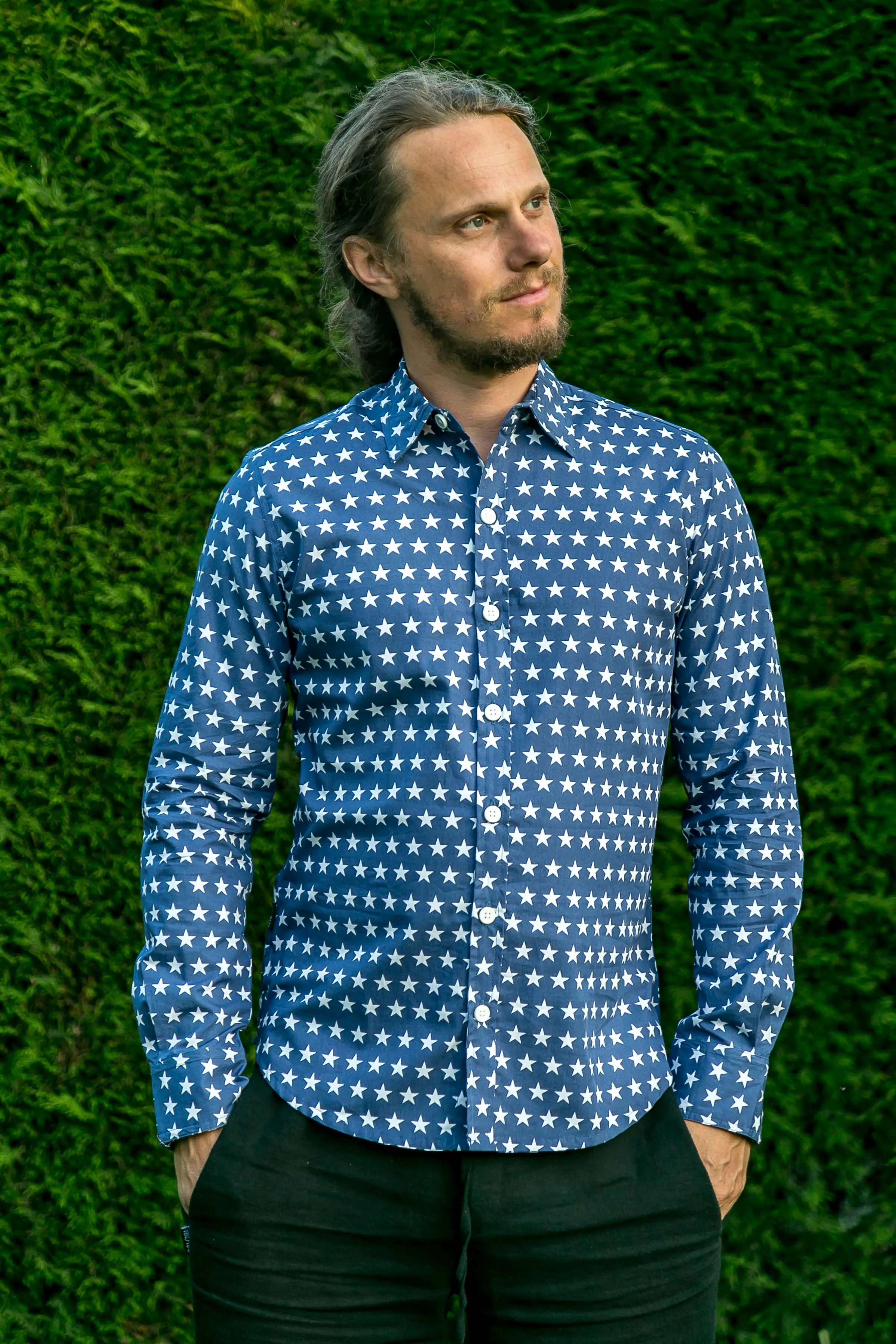 Stars Blue Print Cotton Slim Fit Mens Shirt Long Sleeve