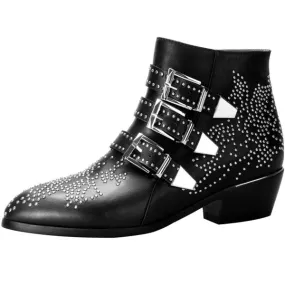 Studded Buckle Leather Ankle Booties