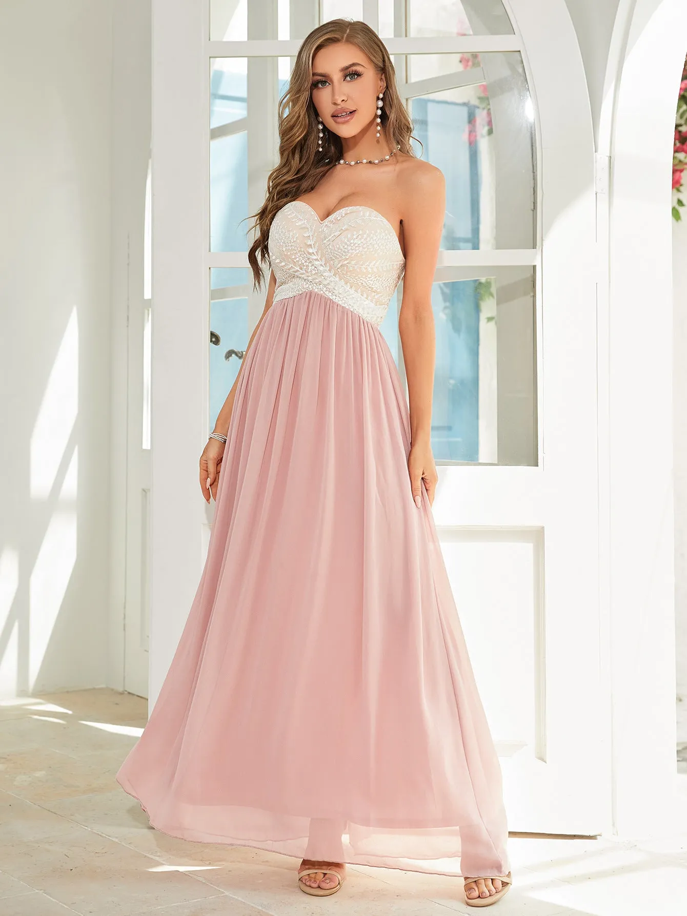 Sweet Embroidery Tube Chiffon Bridesmaid Dress