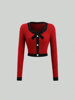 Sweetra Vintage Women Retro Long Sleeve Red Bow Tie Slim Fit Sweater, Faux Cardigan, Autumn/Winter