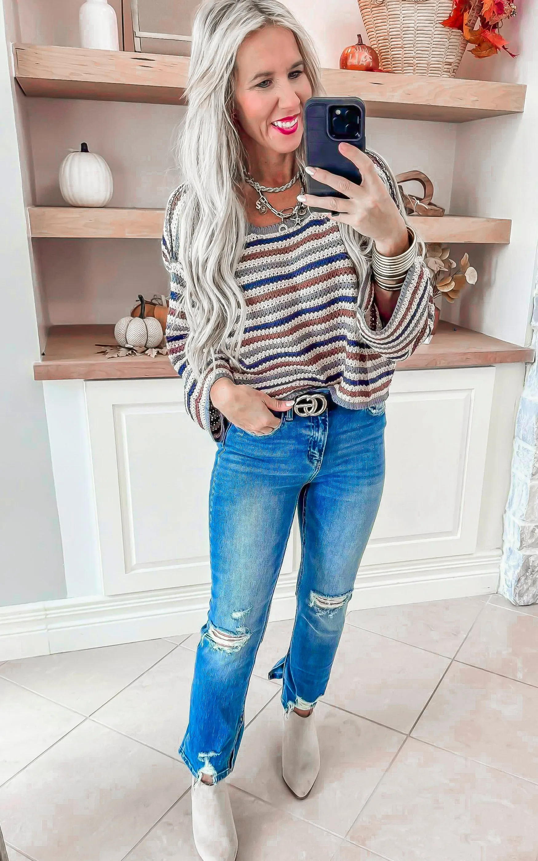 Taupe Crochet Lace Striped Crop Sweater Top