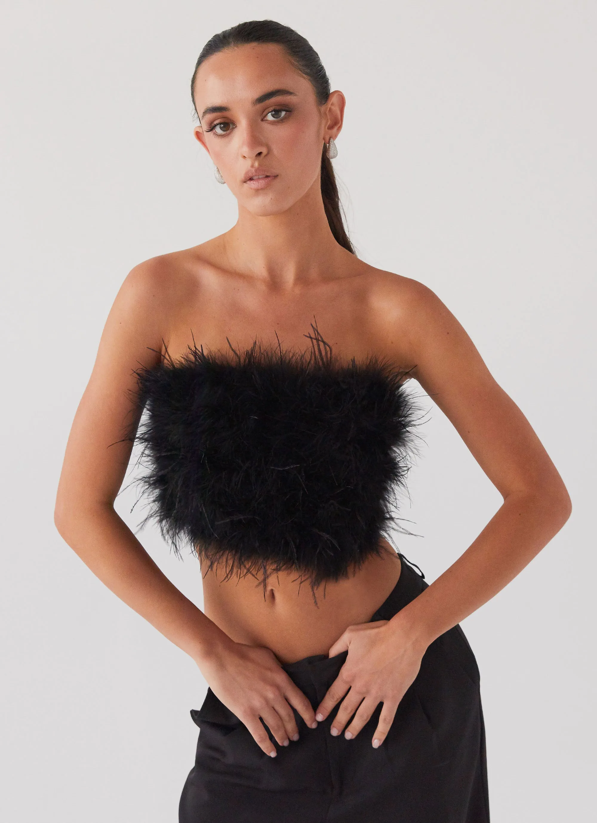 The Night Is Ours Feather Crop Top - Black