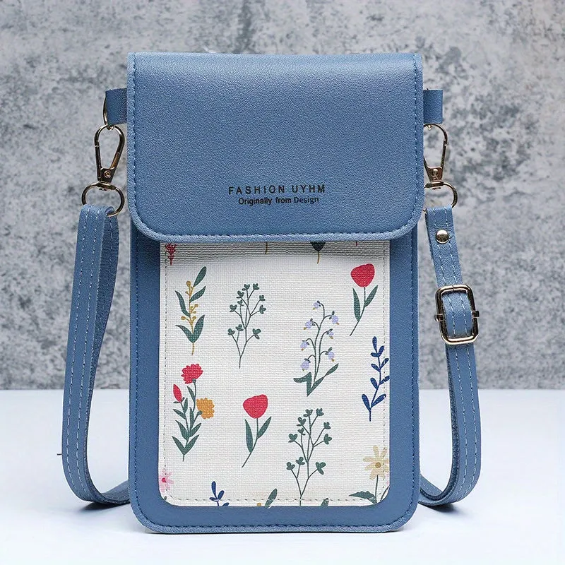 Touch Screen Mobile Phone Bag, Small Floral Pattern Crossbody Bag, Women's Shoulder Wallet & Coin Purse