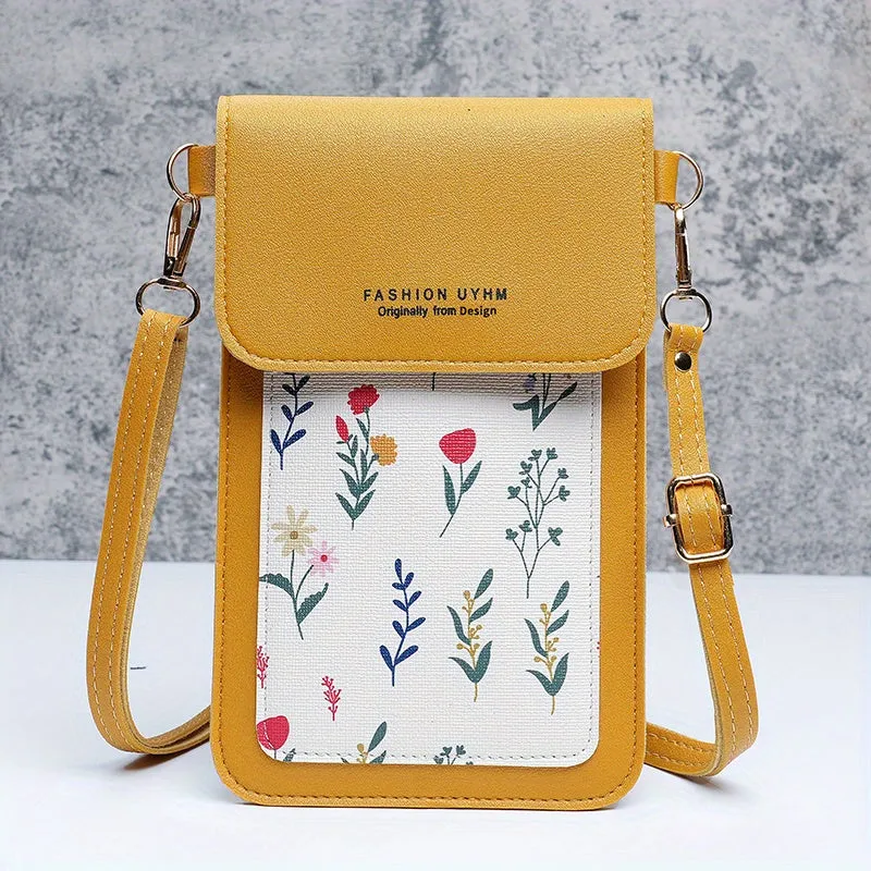 Touch Screen Mobile Phone Bag, Small Floral Pattern Crossbody Bag, Women's Shoulder Wallet & Coin Purse