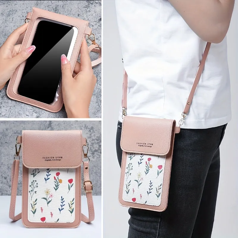 Touch Screen Mobile Phone Bag, Small Floral Pattern Crossbody Bag, Women's Shoulder Wallet & Coin Purse