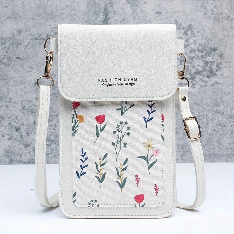 Touch Screen Mobile Phone Bag, Small Floral Pattern Crossbody Bag, Women's Shoulder Wallet & Coin Purse